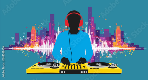 Vector illustration of a DJ silhouette wearing red headphones, mixing music on yellow turntables with an abstract sound wave and colorful city skyline background.