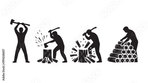 Workers chopping and stacking logs in a forest scene, vector illustration of labor and industry