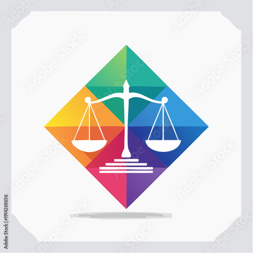 Colorful Balance Modern Justice Scales on a Vibrant Geometric Background