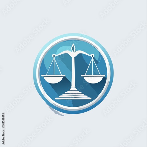 Flat design icon of justice scales in a blue circle, symbolizing law, balance, and fairness in a modern graphic style