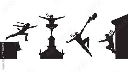 Dynamic silhouettes of people in various acrobatic poses around a decorative monument, vector illustration, high contrast, monochrome