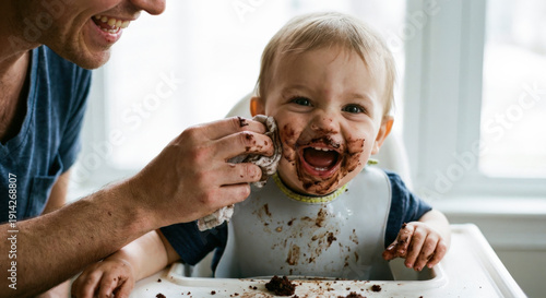 Mom wipes face of laughing messy baby covered in chocolate cake in high chair at home kitchen