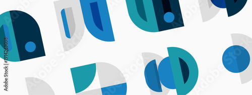 Abstract shapes overlap, creating dynamic visual pattern. Blues, grays dominate composition. Minimalist design evokes modern aesthetic.