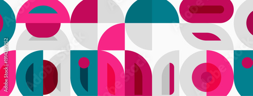 Geometric pattern features overlapping circles, rectangles. Pink, teal, gray colors create modern aesthetic. Repetitive design offers visual rhythm.