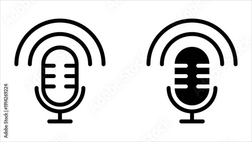 Podcast icon set. Two stylized microphone icons with sound wave motifs on a white background.