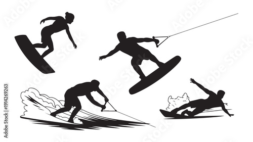 A set of four clean black silhouettes of people engaging in various water sports on a board or being pulled behind a vehicle