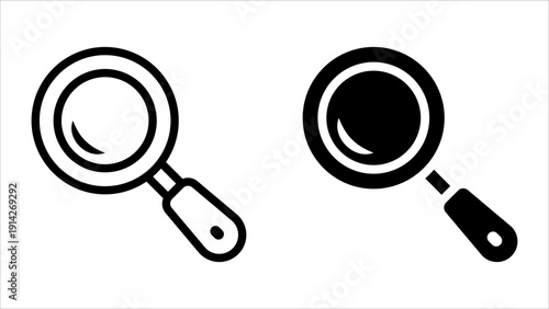 Search icon set. Simple magnifying glass icons in black and white on a white background.