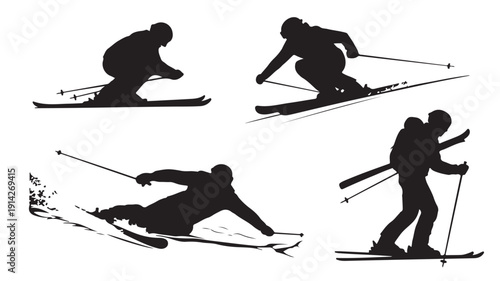 Vector illustration of various skiers in action, showcasing different skiing techniques and movements on snow-covered slopes from multiple viewpoints.