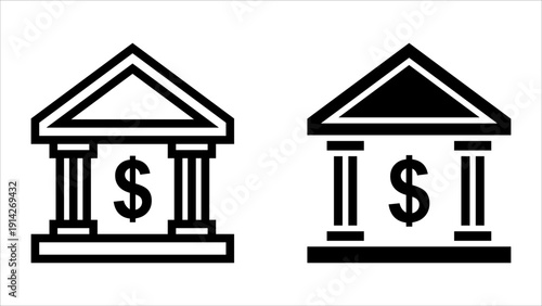 Bank icon set. Black and white bank icons with dollar signs representing financial institutions.