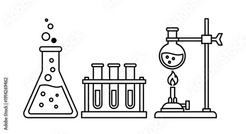 Line art illustration depicting laboratory equipment beakers flasks and test tubes