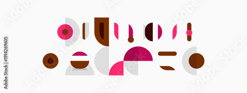 Abstract shapes, circles, curves, lines form minimalist composition. Soft colors create gentle visual harmony.