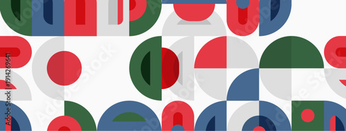 Abstract geometric pattern. Circles, semicircles, red, green, blue shapes repeat across white background. Modern design element.