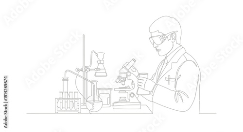 A scientist conducts research in a laboratory using a microscope and glassware