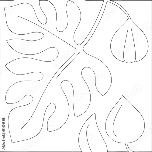 Quadro su tela Tropical Leaves Line Art Seamless Pattern, Monstera Foliage Sketch, Botanical Il