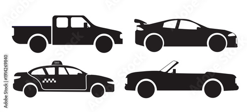 a car, a set of flat icons. types of city cars isolated on a white background. black models, side view. for print, postcards, banners, children clothing. art png illustration.
