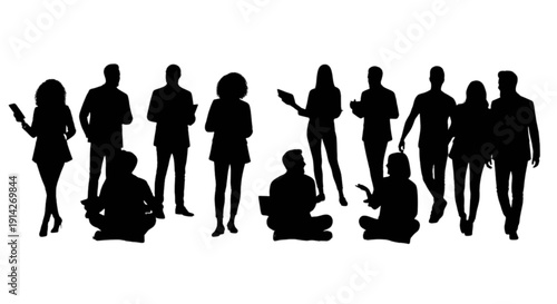 Black silhouettes of diverse business professionals communicating and collaborating isolated on transparent background, Vector