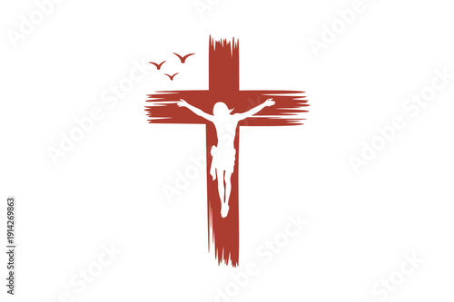 Silhouette of Jesus Christ on the cross with birds flying crucifixion red faith religion