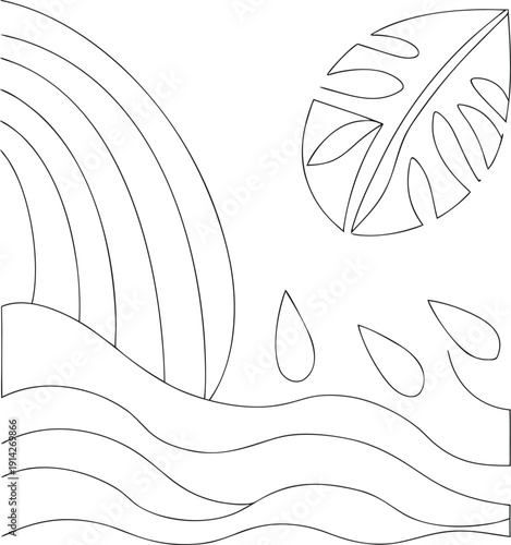 Tropical Leaves And Waves Line Art Vector Illustration, Palm Frond Beach Coastal Design Element For Summer Resort Decor