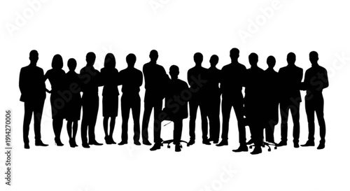 A group silhouette of a business team standing together with one member seated in front isolated on transparent background, Vector