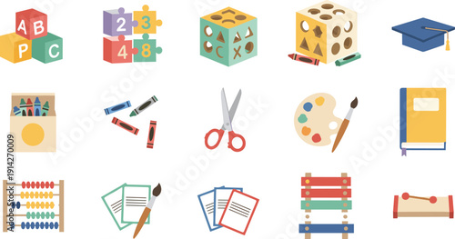Education and School Supplies Icon Set with ABC Blocks Puzzle Crayons Scissors Books Abacus and Graduation Cap for Learning Design.