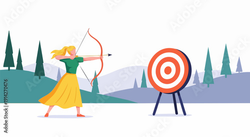 Vector illustration of a blonde woman in a green top and yellow skirt aiming a red bow and arrow at a bullseye target, with purple hills and green pine trees in the background.