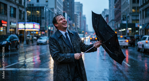 Laughing businessman struggles with broken inside-out umbrella in rainy city street