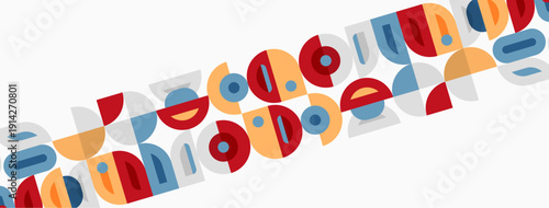 Abstract geometric shapes form repeating patterns. Colors include red, orange, teal, beige, black. Design feels modern, playful.