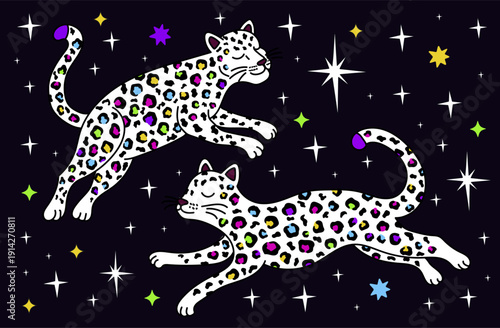 Whimsical white celestial cheetah. Magical wild cats fly among the stars