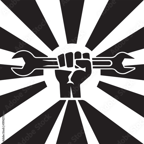 Vintage Black and White Labour Day Poster – Raised Fist Holding Wrench Vector Illustration