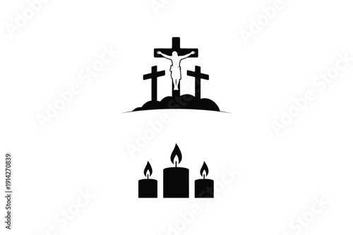 Black silhouette of Jesus on the cross with three candles and three crosses crucifixion