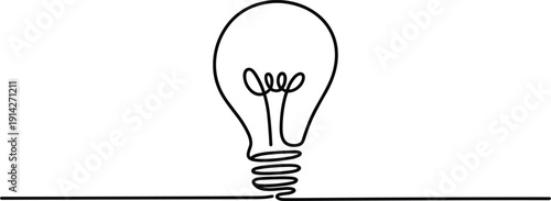 A black and white line of a light bulb with a curly filament inside and a coiled base on a horizontal line