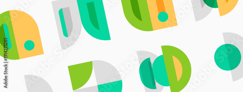 Abstract shapes overlap, creating playful pattern. Colors include green, orange, gray, teal. Minimalist design feels modern, fresh.