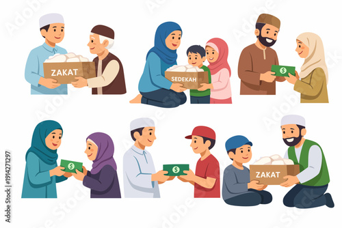 Flat vector set of Ramadan people icons featuring cartoon character avatars and professional businessman team office workers in a group design