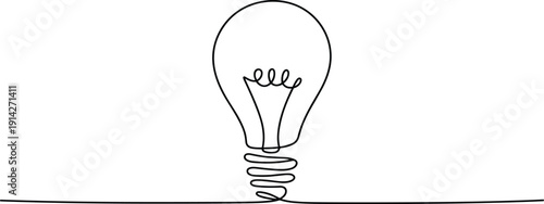A black and white line of a light bulb with a curly filament inside line black and white simple minimalist