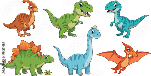 Vector illustration set of 6 cute and colorful cartoon dinosaur characters including T-Rex, Brachiosaurus, and Pterodactyl।