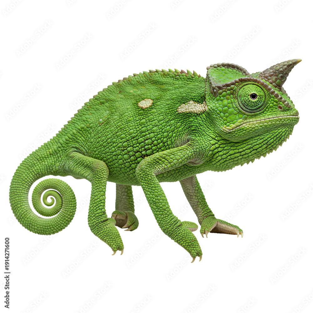 Fototapeta premium A vibrant green chameleon sculpture with intricate details and textured surface. isolated on transparent background