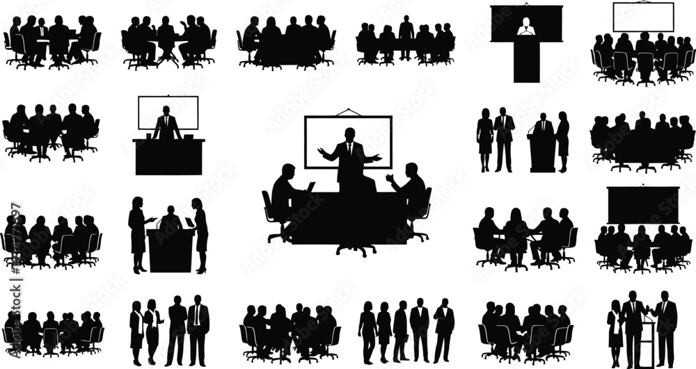 Obraz premium Business meeting figures sit around a large.