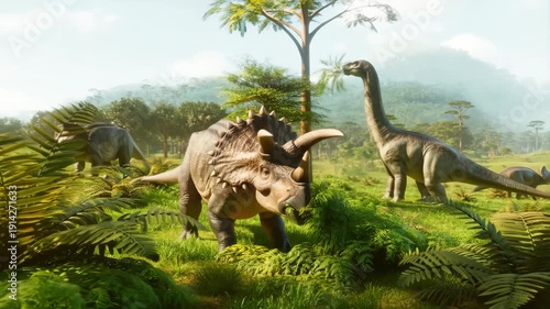 Prehistoric triceratops grazing in lush tropical valley alongside giant brachiosaurus during sunny morning featuring vibrant green ferns tall palm trees and misty mountain backdrop