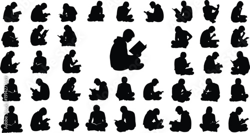 Many sitting silhouettes showing focused reading.
