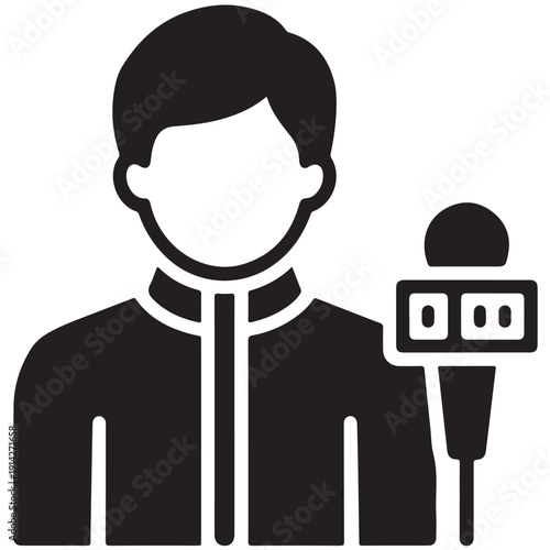 A black and white icon of a person holding a microphone in a simple graphic style