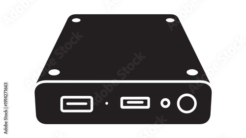 A minimalist black and white icon design of a computer device with USB ports and audio jack viewed from the front