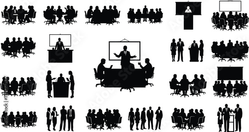 Business meeting figures sit around a large.