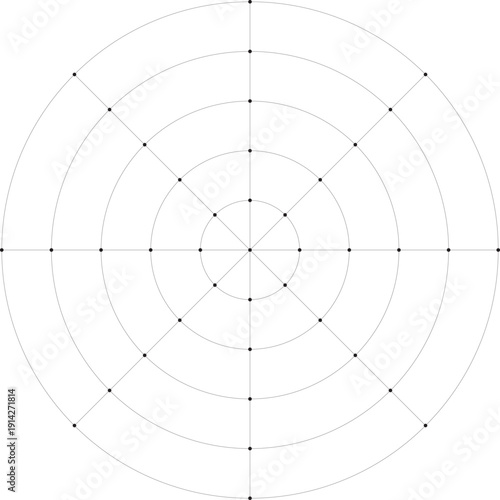 Black line radial grid texture with dots on white background. FUI science round grid backdrop. Math or technological notebook blank circular sheet.