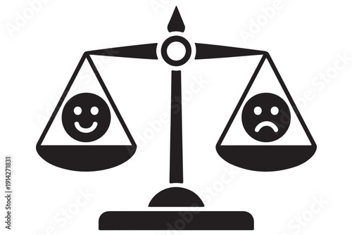 A minimalist icon of scales balancing a smiley face and a frowning face, symbolizing emotional balance and contrast in a simple illustration style.