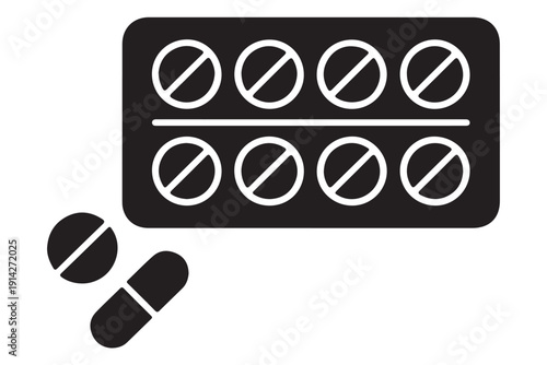 A black and white icon design featuring a blister pack and pills