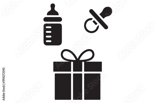 Minimalist black and white icon design featuring baby bottle, pacifier, and gift box
