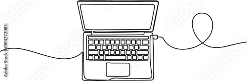 A black and white line of an open laptop with a cord connected to it line black and white