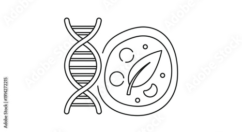 Line art illustration depicting a dna strand and a cell structure