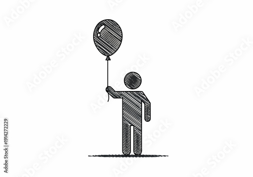 Stylized illustration of a person holding a balloon with a striped pattern, rendered in a minimalist, monochrome sketch style on a textured background