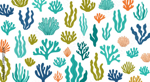 Vector illustration of a vibrant underwater coral reef and seaweed pattern, featuring teal, orange, olive, and navy marine plants on a clean white background
